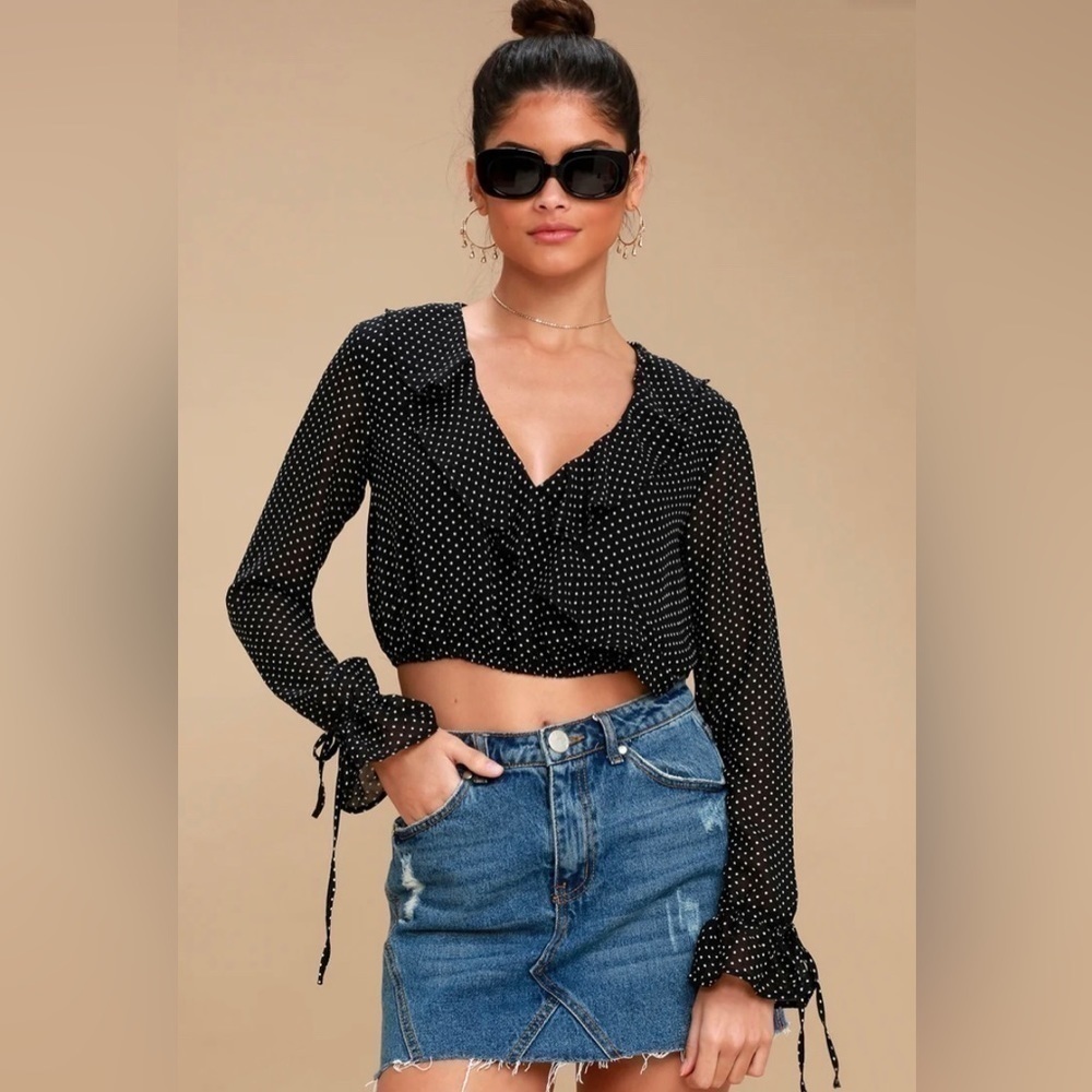 Honey Punch Black Polka Dot Long Sleeve Crop Top Size Medium